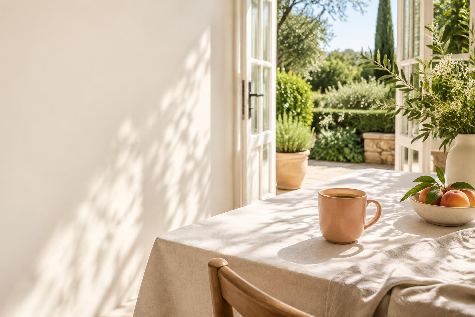 Sunlit Saturday morning with a coffee and open garden doors